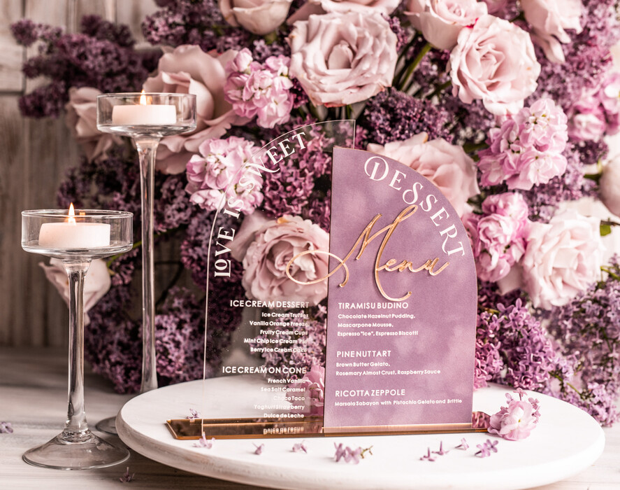 TABLE DECOR SIGNS Velvet table Numbers and Decor Mauve Velvet and Clear Acryl Dessert Menu, Acrylic Half Arch Table Sign and Acrylic Velvet combo, Mauve Velvet Sign, Luxury Wedding Table Sign, MvS
