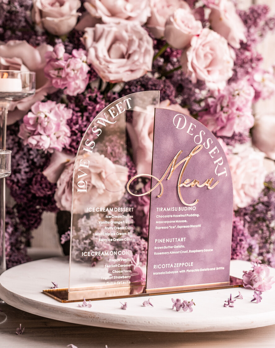 TABLE DECOR SIGNS Velvet table Numbers and Decor Mauve Velvet and Clear Acryl Dessert Menu, Acrylic Half Arch Table Sign and Acrylic Velvet combo, Mauve Velvet Sign, Luxury Wedding Table Sign, MvS