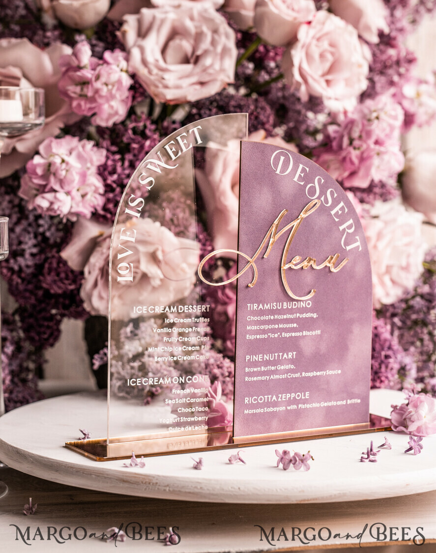 TABLE DECOR SIGNS Velvet table Numbers and Decor Mauve Velvet and Clear Acryl Dessert Menu, Acrylic Half Arch Table Sign and Acrylic Velvet combo, Mauve Velvet Sign, Luxury Wedding Table Sign, MvS
