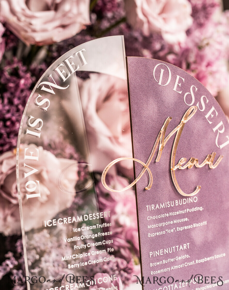 TABLE DECOR SIGNS Velvet table Numbers and Decor Mauve Velvet and Clear Acryl Dessert Menu, Acrylic Half Arch Table Sign and Acrylic Velvet combo, Mauve Velvet Sign, Luxury Wedding Table Sign, MvS