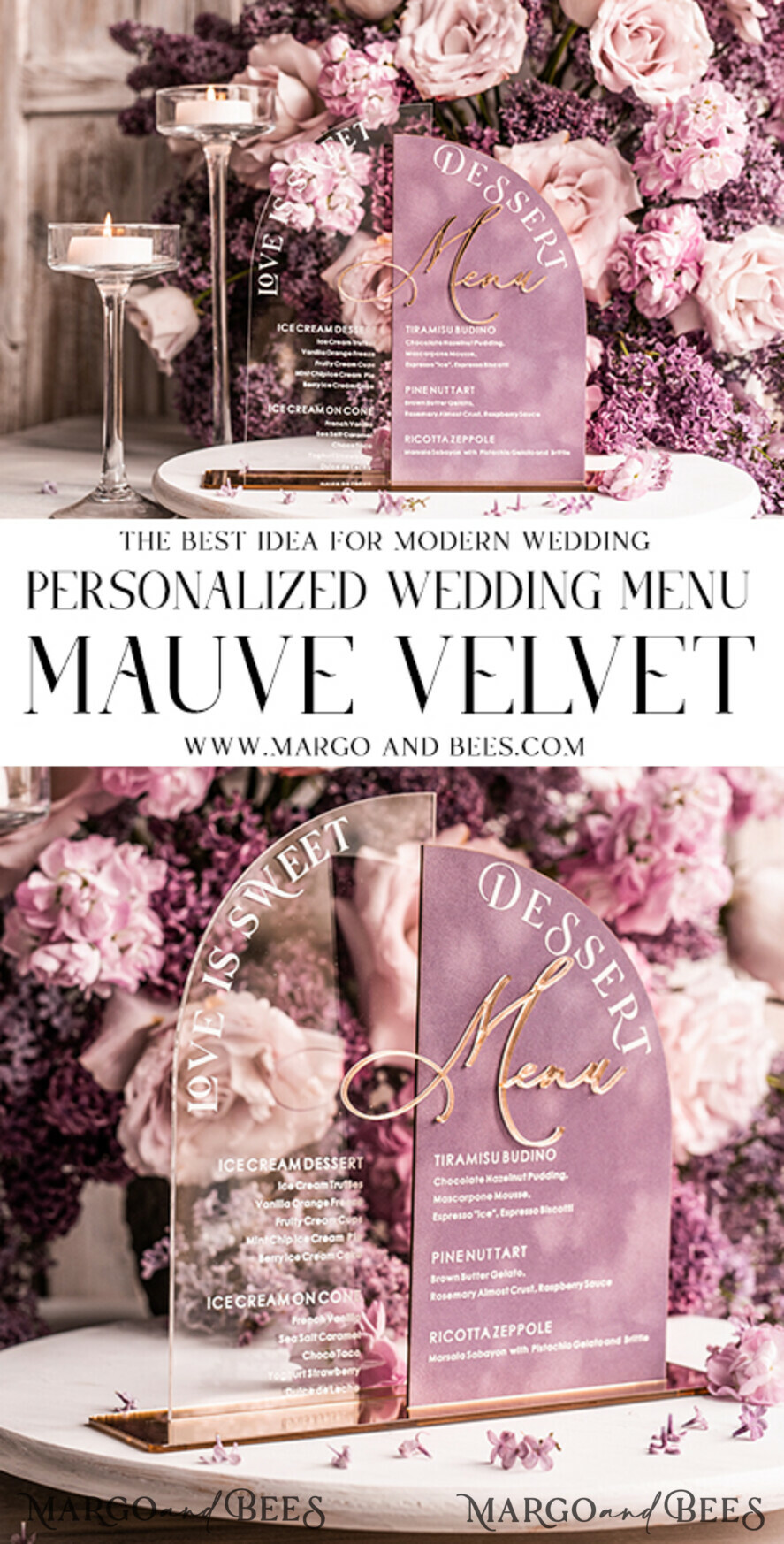 TABLE DECOR SIGNS Velvet table Numbers and Decor Mauve Velvet and Clear Acryl Dessert Menu, Acrylic Half Arch Table Sign and Acrylic Velvet combo, Mauve Velvet Sign, Luxury Wedding Table Sign, MvS