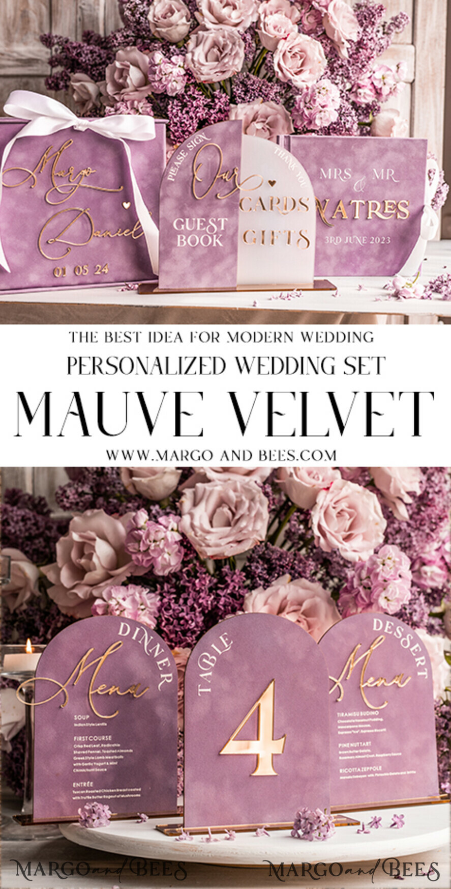 TABLE DECOR SIGNS Velvet table Numbers and Decor Mauve Velvet and Clear Acryl Dessert Menu, Acrylic Half Arch Table Sign and Acrylic Velvet combo, Mauve Velvet Sign, Luxury Wedding Table Sign, MvS