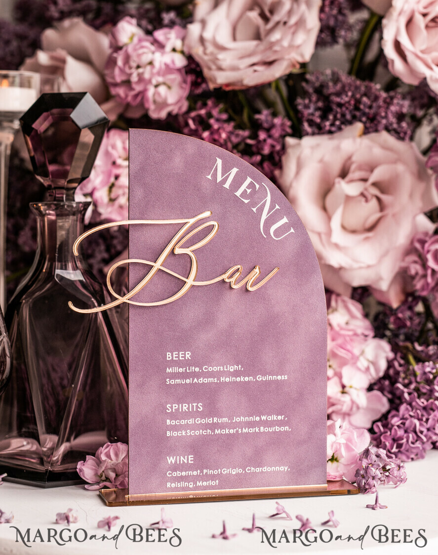 TABLE DECOR SIGNS Velvet table Numbers and Decor Acrylic Arch Bar Menu, gold Plexi Mauve Velvet Drink Bar Menu Sign with Stand, Dusty Rose Table Bar Menu, half Arched Wedding Table Decor, Purple drink Bar Menu
