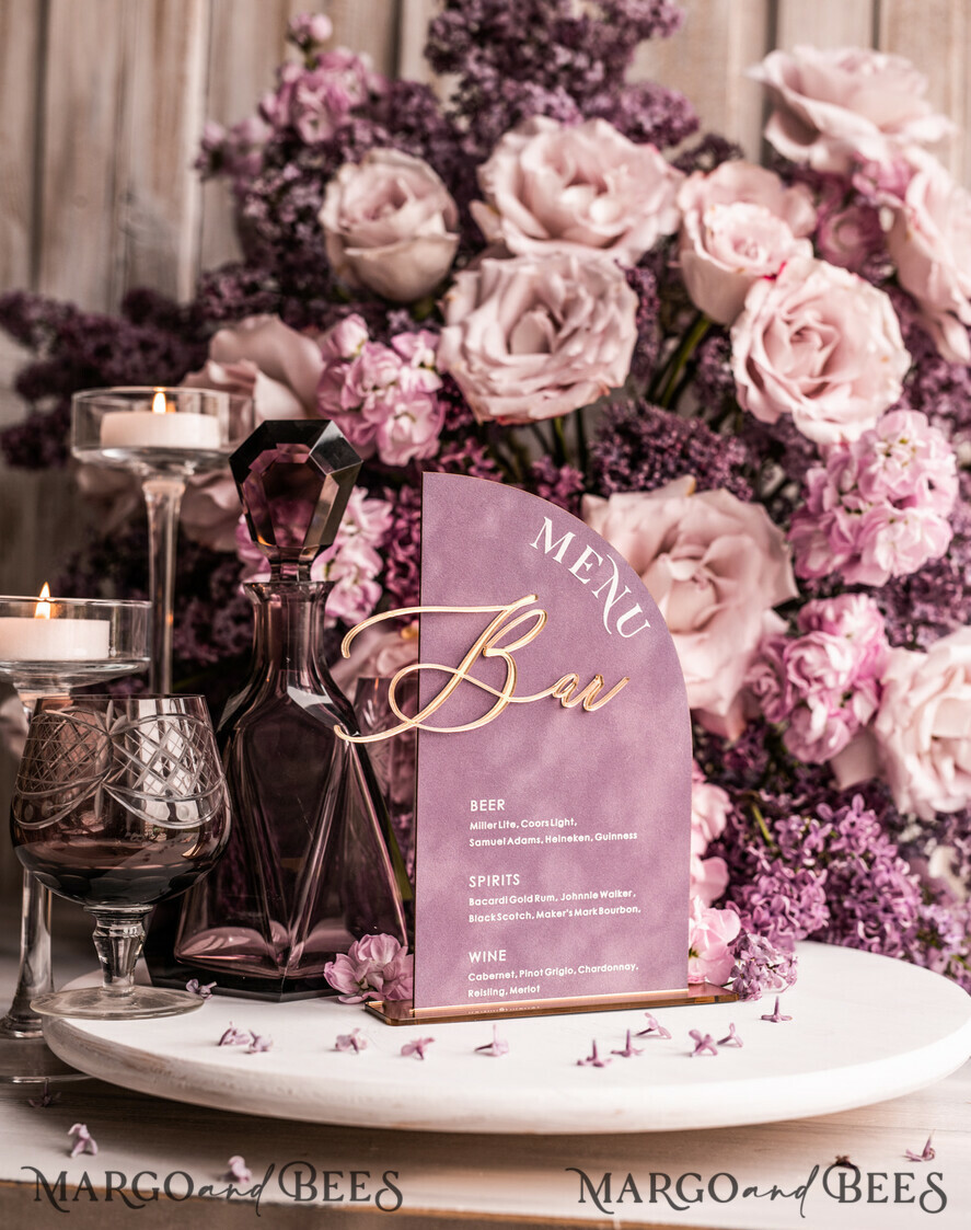 TABLE DECOR SIGNS Velvet table Numbers and Decor Acrylic Arch Bar Menu, gold Plexi Mauve Velvet Drink Bar Menu Sign with Stand, Dusty Rose Table Bar Menu, half Arched Wedding Table Decor, Purple drink Bar Menu