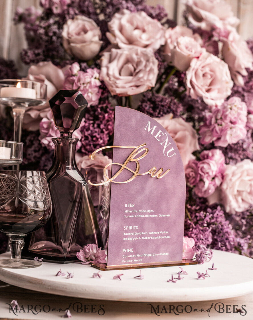 TABLE DECOR SIGNS Velvet table Numbers and Decor Acrylic Arch Bar Menu, gold Plexi Mauve Velvet Drink Bar Menu Sign with Stand, Dusty Rose Table Bar Menu, half Arched Wedding Table Decor, Purple drink Bar Menu
