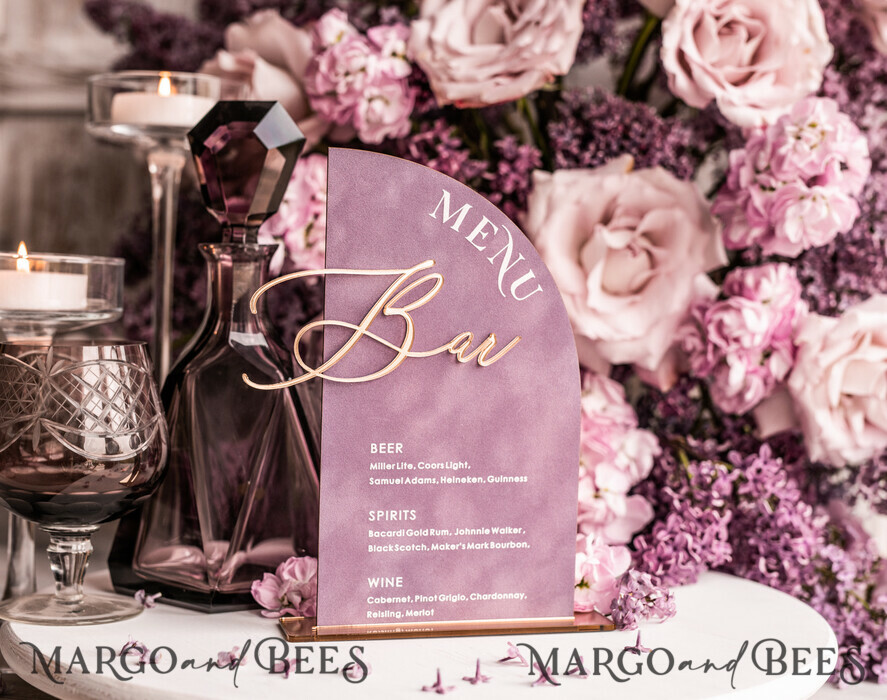 TABLE DECOR SIGNS Velvet table Numbers and Decor Acrylic Arch Bar Menu, gold Plexi Mauve Velvet Drink Bar Menu Sign with Stand, Dusty Rose Table Bar Menu, half Arched Wedding Table Decor, Purple drink Bar Menu