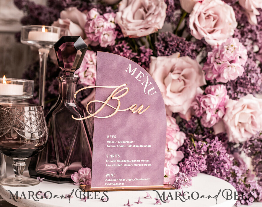 TABLE DECOR SIGNS Velvet table Numbers and Decor Acrylic Arch Bar Menu, gold Plexi Mauve Velvet Drink Bar Menu Sign with Stand, Dusty Rose Table Bar Menu, half Arched Wedding Table Decor, Purple drink Bar Menu