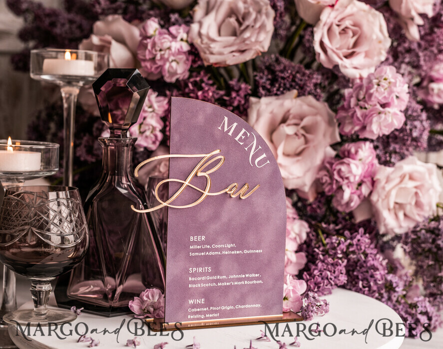 TABLE DECOR SIGNS Velvet table Numbers and Decor Acrylic Arch Bar Menu, gold Plexi Mauve Velvet Drink Bar Menu Sign with Stand, Dusty Rose Table Bar Menu, half Arched Wedding Table Decor, Purple drink Bar Menu