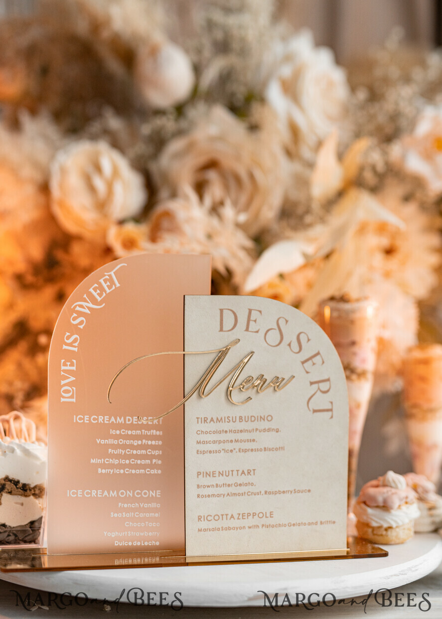 TISCHDEKORATIONSCHILDER Samt Tischnummern und Dekoration Acrylbogen Dessertmenü, Elfenbein gefrorenes Acryl Gold Candy Bar Schild, Gold Plexi Tisch Dessertmenü Kombi Luxus Hochzeits Tisch Dekor, Hochzeitsbeschilderung Gold.