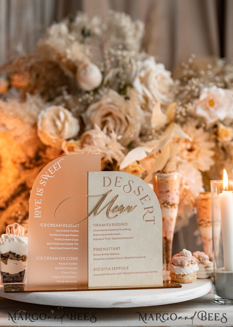 TISCHDEKORATIONSCHILDER Samt Tischnummern und Dekoration Acrylbogen Dessertmenü, Elfenbein gefrorenes Acryl Gold Candy Bar Schild, Gold Plexi Tisch Dessertmenü Kombi Luxus Hochzeits Tisch Dekor, Hochzeitsbeschilderung Gold.