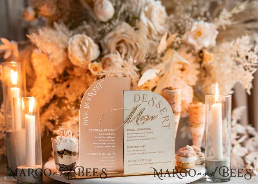 TISCHDEKORATIONSCHILDER Samt Tischnummern und Dekoration Acrylbogen Dessertmenü, Elfenbein gefrorenes Acryl Gold Candy Bar Schild, Gold Plexi Tisch Dessertmenü Kombi Luxus Hochzeits Tisch Dekor, Hochzeitsbeschilderung Gold.