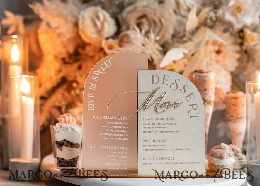 TISCHDEKORATIONSCHILDER Samt Tischnummern und Dekoration Acrylbogen Dessertmenü, Elfenbein gefrorenes Acryl Gold Candy Bar Schild, Gold Plexi Tisch Dessertmenü Kombi Luxus Hochzeits Tisch Dekor, Hochzeitsbeschilderung Gold.