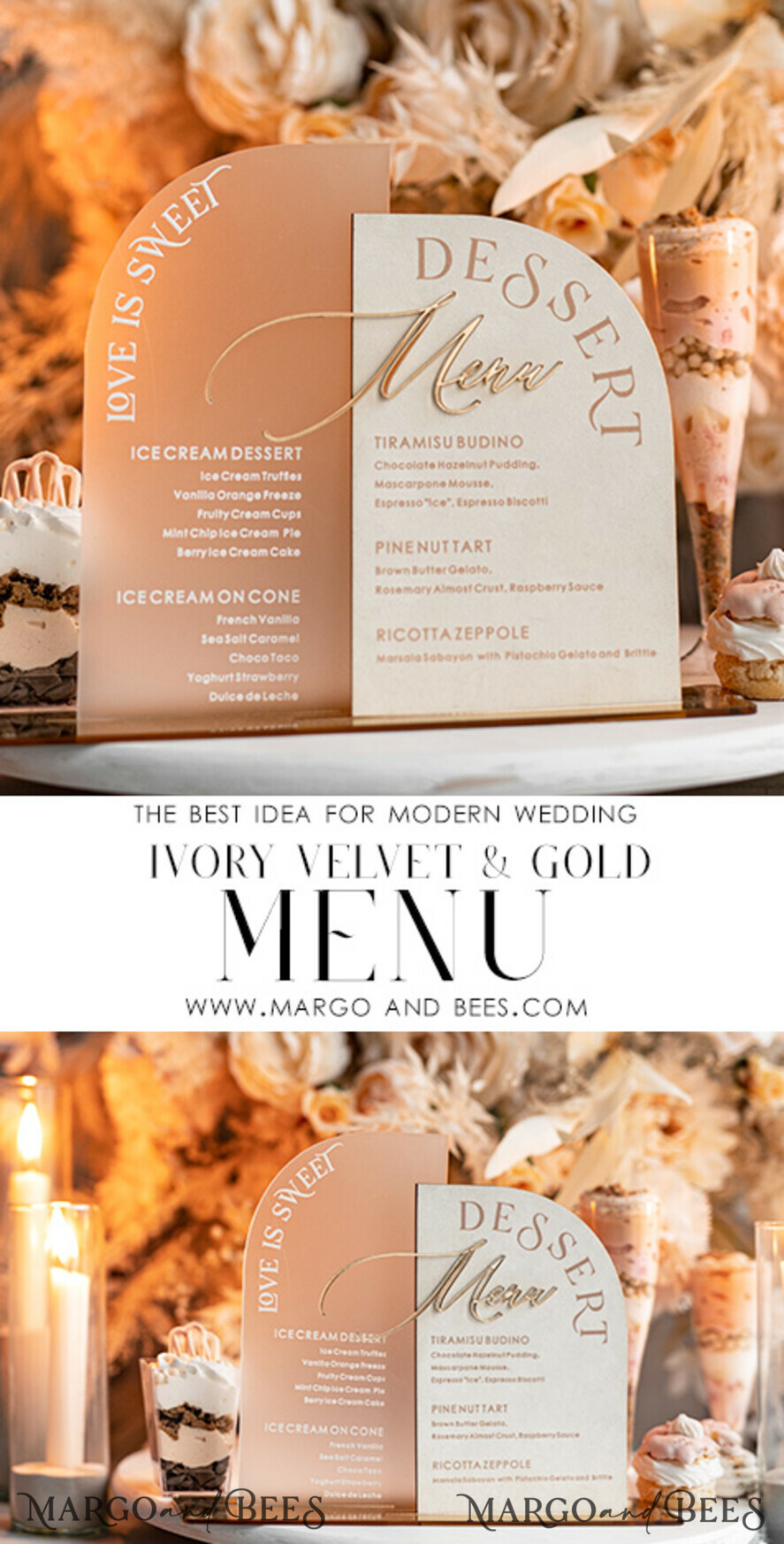 TISCHDEKORATIONSCHILDER Samt Tischnummern und Dekoration Acrylbogen Dessertmenü, Elfenbein gefrorenes Acryl Gold Candy Bar Schild, Gold Plexi Tisch Dessertmenü Kombi Luxus Hochzeits Tisch Dekor, Hochzeitsbeschilderung Gold.