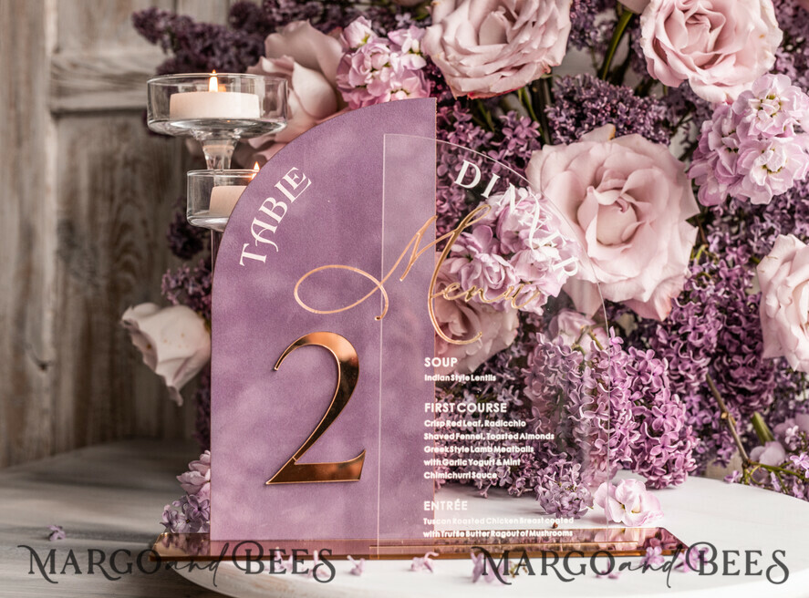 TABLE DECOR SIGNS Velvet table Numbers and Decor Mauve Acrylic Arched Table Numbers & Menu Set, Clear Acrylic & Dusty Rose Velvet Sign, Gold Table Numbers And Menu Combo, Purple golden Velvet Table Numbers