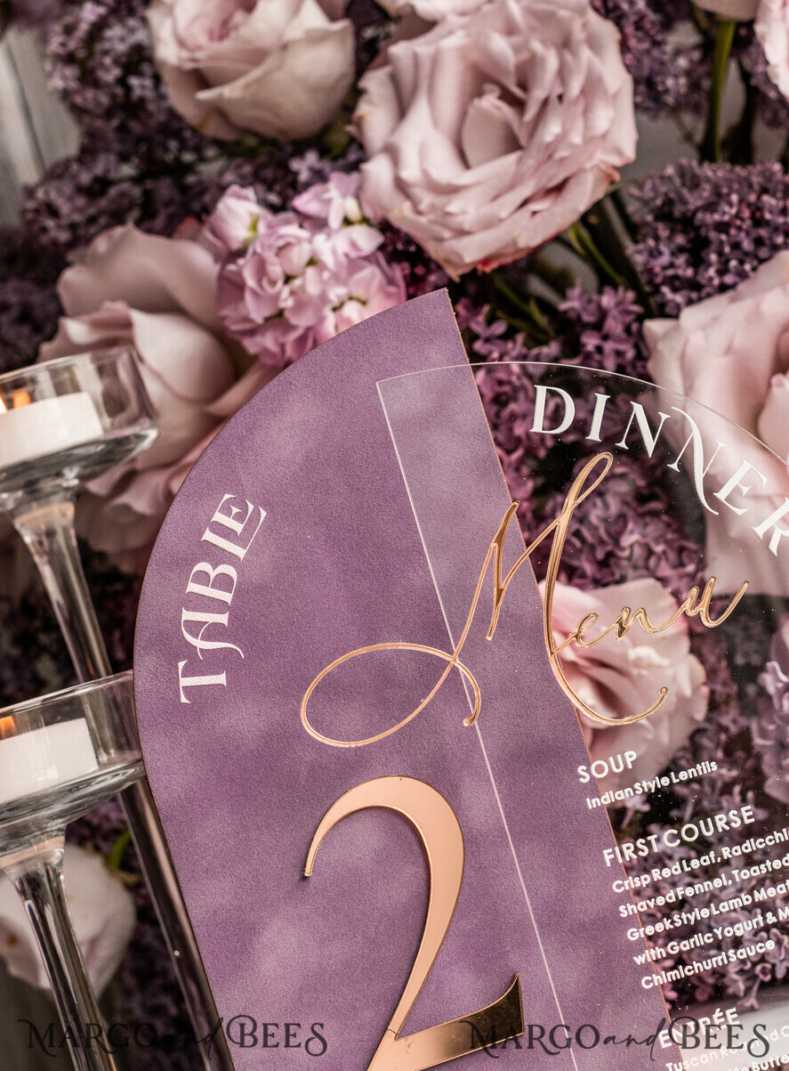 TABLE DECOR SIGNS Velvet table Numbers and Decor Mauve Acrylic Arched Table Numbers & Menu Set, Clear Acrylic & Dusty Rose Velvet Sign, Gold Table Numbers And Menu Combo, Purple golden Velvet Table Numbers