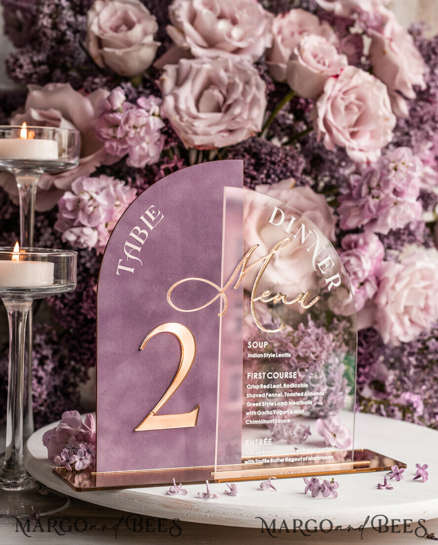 TABLE DECOR SIGNS Velvet table Numbers and Decor Mauve Acrylic Arched Table Numbers & Menu Set, Clear Acrylic & Dusty Rose Velvet Sign, Gold Table Numbers And Menu Combo, Purple golden Velvet Table Numbers