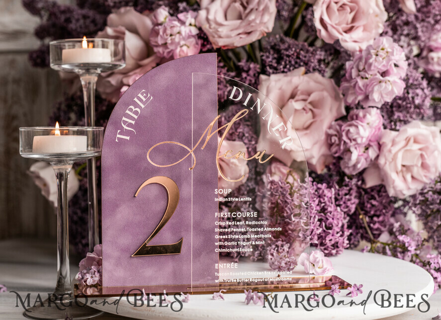 TABLE DECOR SIGNS Velvet table Numbers and Decor Mauve Acrylic Arched Table Numbers & Menu Set, Clear Acrylic & Dusty Rose Velvet Sign, Gold Table Numbers And Menu Combo, Purple golden Velvet Table Numbers