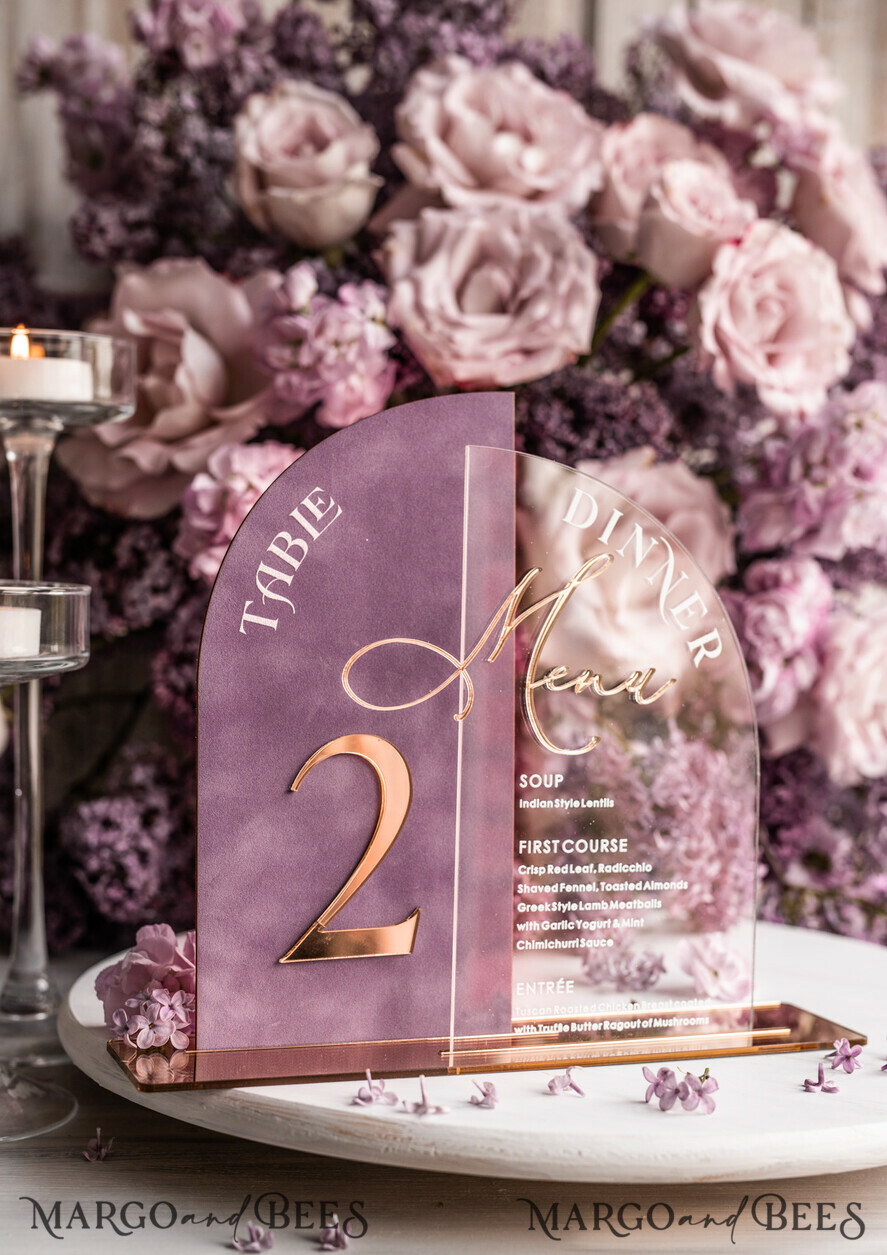 TABLE DECOR SIGNS Velvet table Numbers and Decor Mauve Acrylic Arched Table Numbers & Menu Set, Clear Acrylic & Dusty Rose Velvet Sign, Gold Table Numbers And Menu Combo, Purple golden Velvet Table Numbers