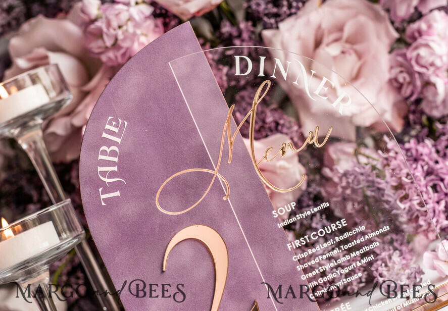 TABLE DECOR SIGNS Velvet table Numbers and Decor Mauve Acrylic Arched Table Numbers & Menu Set, Clear Acrylic & Dusty Rose Velvet Sign, Gold Table Numbers And Menu Combo, Purple golden Velvet Table Numbers