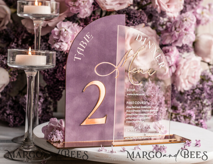 TABLE DECOR SIGNS Velvet table Numbers and Decor Mauve Acrylic Arched Table Numbers & Menu Set, Clear Acrylic & Dusty Rose Velvet Sign, Gold Table Numbers And Menu Combo, Purple golden Velvet Table Numbers