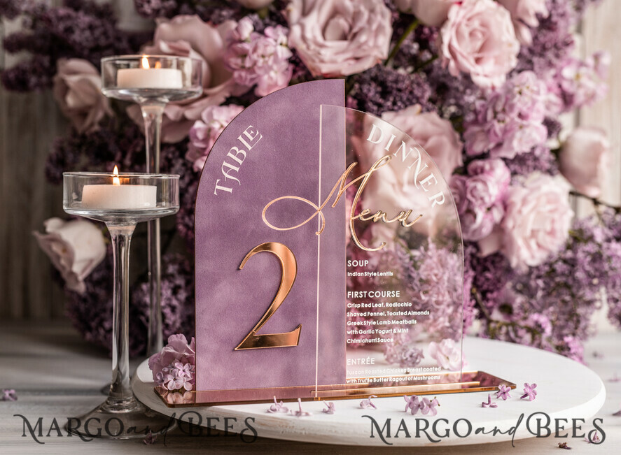 TABLE DECOR SIGNS Velvet table Numbers and Decor Mauve Acrylic Arched Table Numbers & Menu Set, Clear Acrylic & Dusty Rose Velvet Sign, Gold Table Numbers And Menu Combo, Purple golden Velvet Table Numbers