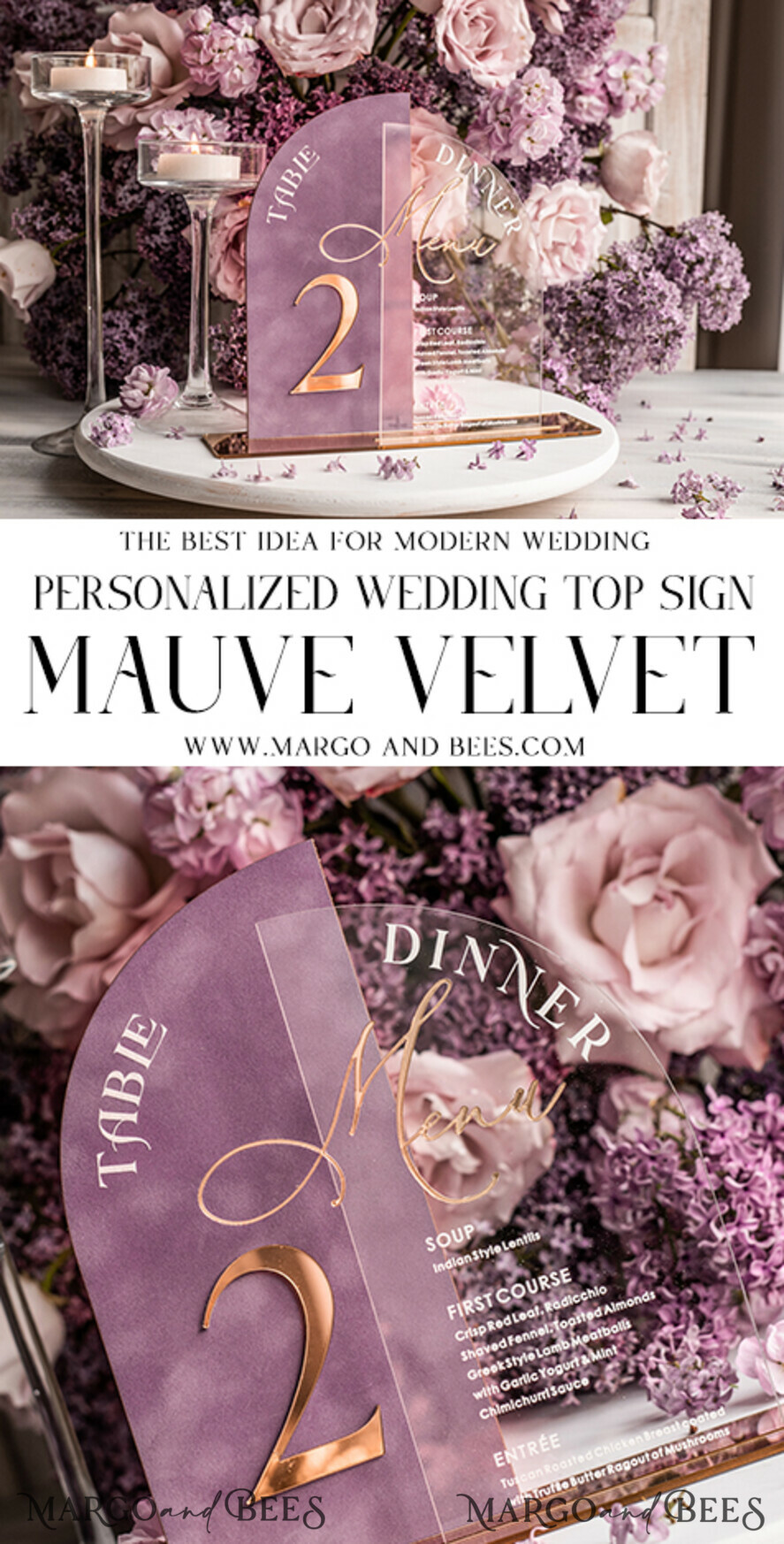 TABLE DECOR SIGNS Velvet table Numbers and Decor Mauve Acrylic Arched Table Numbers & Menu Set, Clear Acrylic & Dusty Rose Velvet Sign, Gold Table Numbers And Menu Combo, Purple golden Velvet Table Numbers