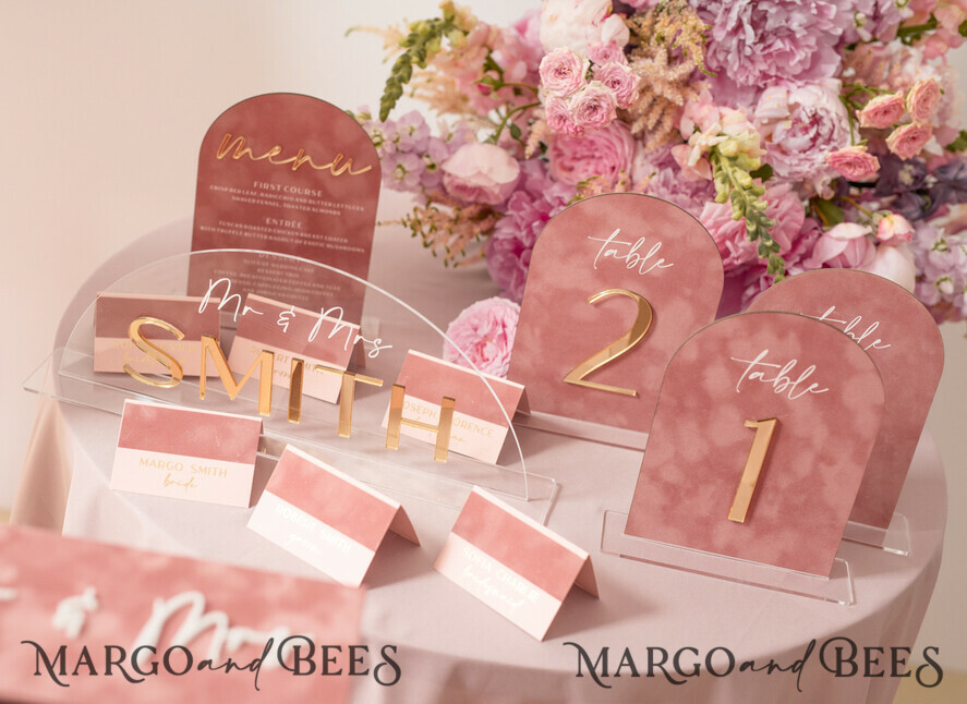 TABLE NUMBERS/ MENU/BAR MENU Velvet table Numbers and Decor Arch Table Number, Luxury Blush Pink Velvet Arched Table numbers with acrylic stand, blush pink and Gold Wedding Table Decor, 3D Golden Letters, Wedding signage