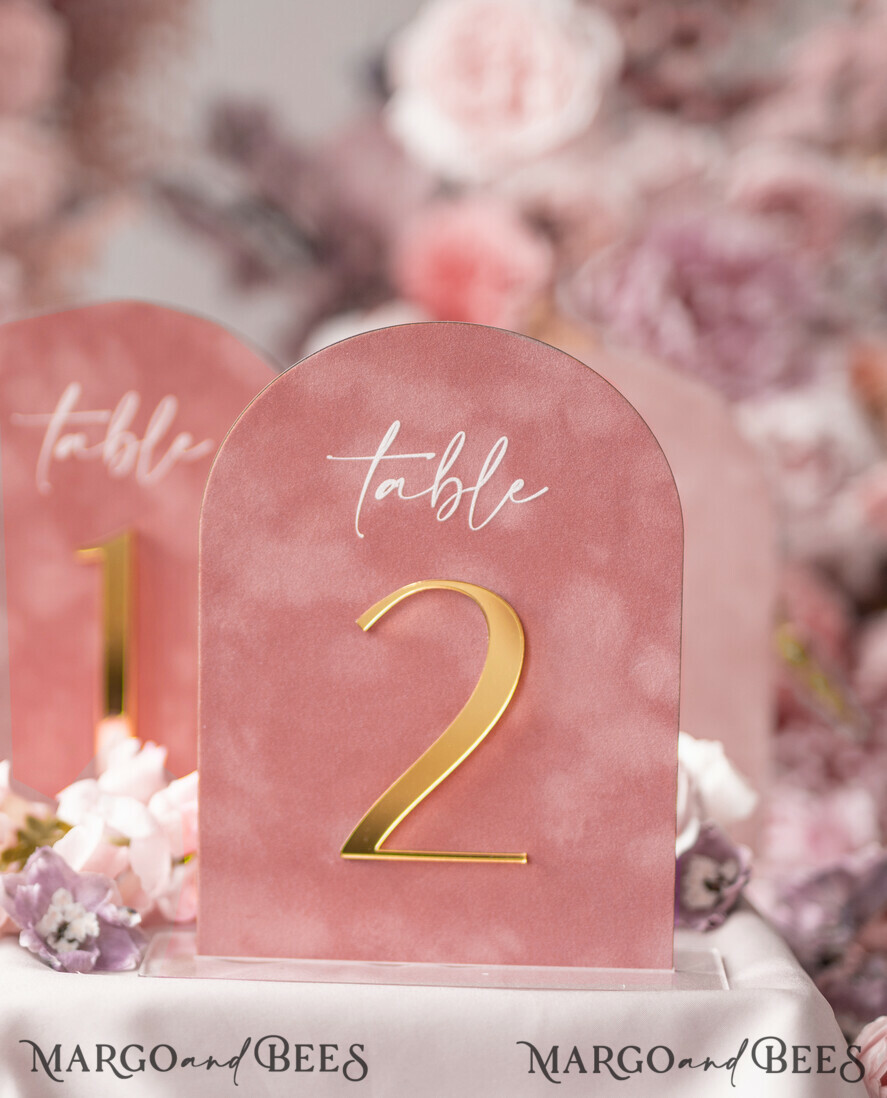 TABLE NUMBERS/ MENU/BAR MENU Velvet table Numbers and Decor Arch Table Number, Luxury Blush Pink Velvet Arched Table numbers with acrylic stand, blush pink and Gold Wedding Table Decor, 3D Golden Letters, Wedding signage