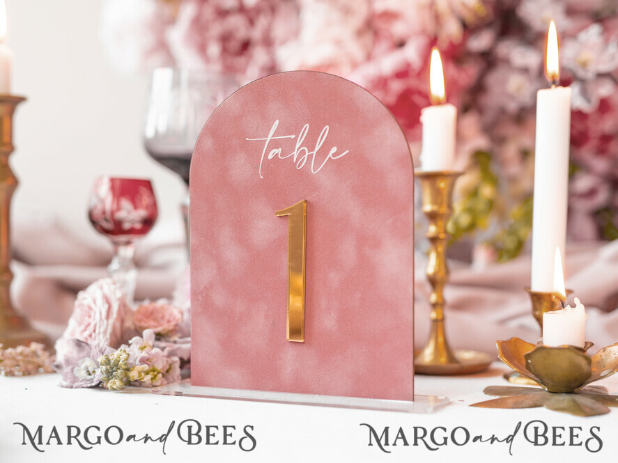 TABLE NUMBERS/ MENU/BAR MENU Velvet table Numbers and Decor Arch Table Number, Luxury Blush Pink Velvet Arched Table numbers with acrylic stand, blush pink and Gold Wedding Table Decor, 3D Golden Letters, Wedding signage