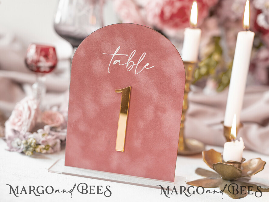 TABLE NUMBERS/ MENU/BAR MENU Velvet table Numbers and Decor Arch Table Number, Luxury Blush Pink Velvet Arched Table numbers with acrylic stand, blush pink and Gold Wedding Table Decor, 3D Golden Letters, Wedding signage