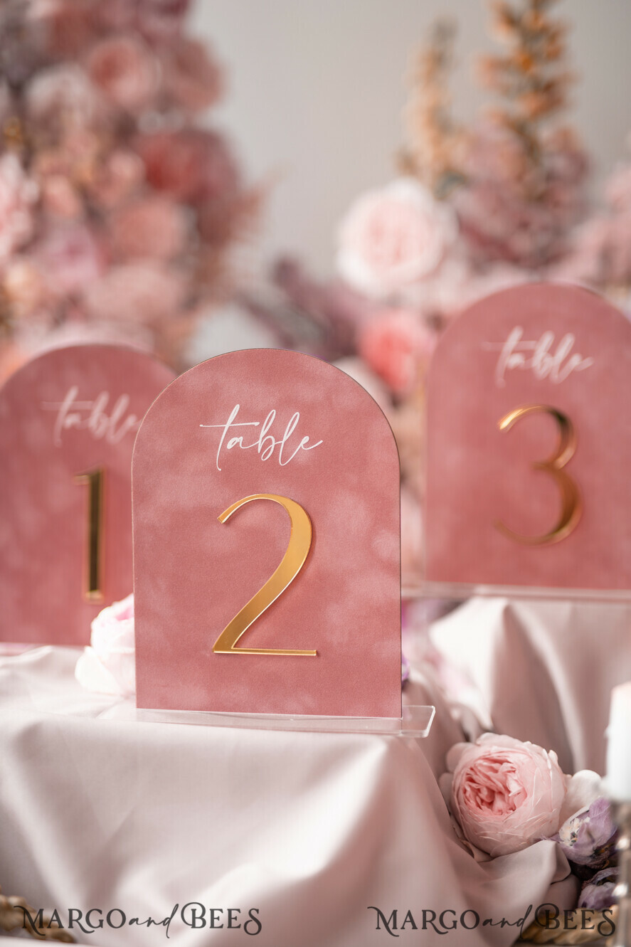 TABLE NUMBERS/ MENU/BAR MENU Velvet table Numbers and Decor Arch Table Number, Luxury Blush Pink Velvet Arched Table numbers with acrylic stand, blush pink and Gold Wedding Table Decor, 3D Golden Letters, Wedding signage