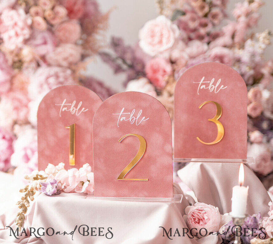 TABLE NUMBERS/ MENU/BAR MENU Velvet table Numbers and Decor Arch Table Number, Luxury Blush Pink Velvet Arched Table numbers with acrylic stand, blush pink and Gold Wedding Table Decor, 3D Golden Letters, Wedding signage