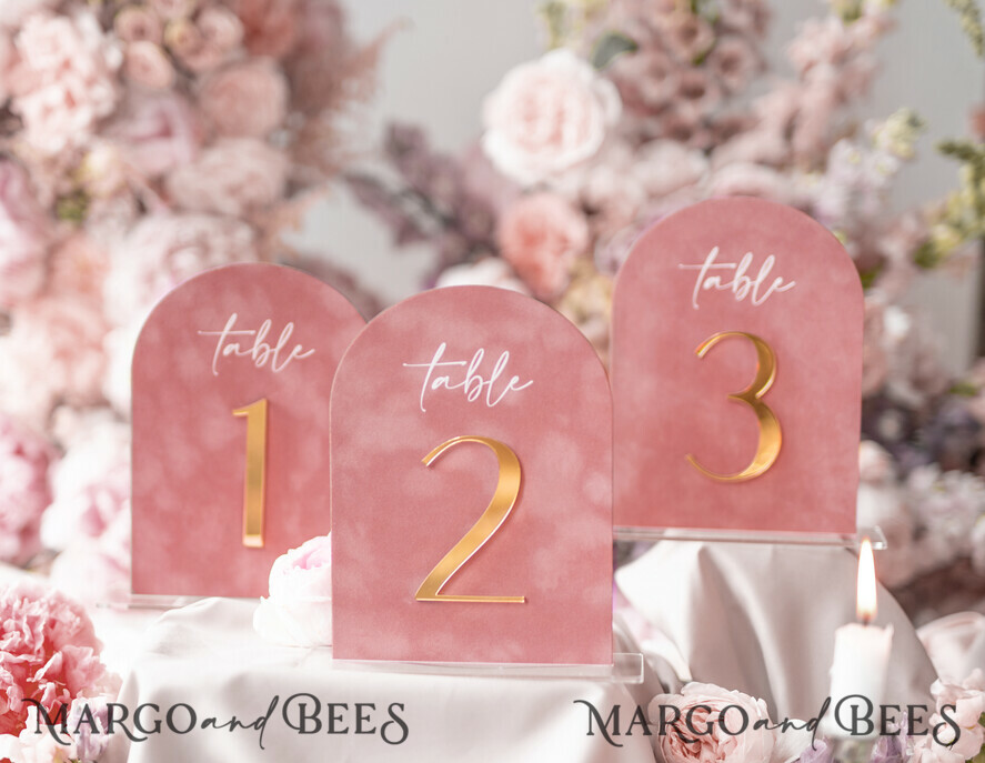 TABLE NUMBERS/ MENU/BAR MENU Velvet table Numbers and Decor Arch Table Number, Luxury Blush Pink Velvet Arched Table numbers with acrylic stand, blush pink and Gold Wedding Table Decor, 3D Golden Letters, Wedding signage