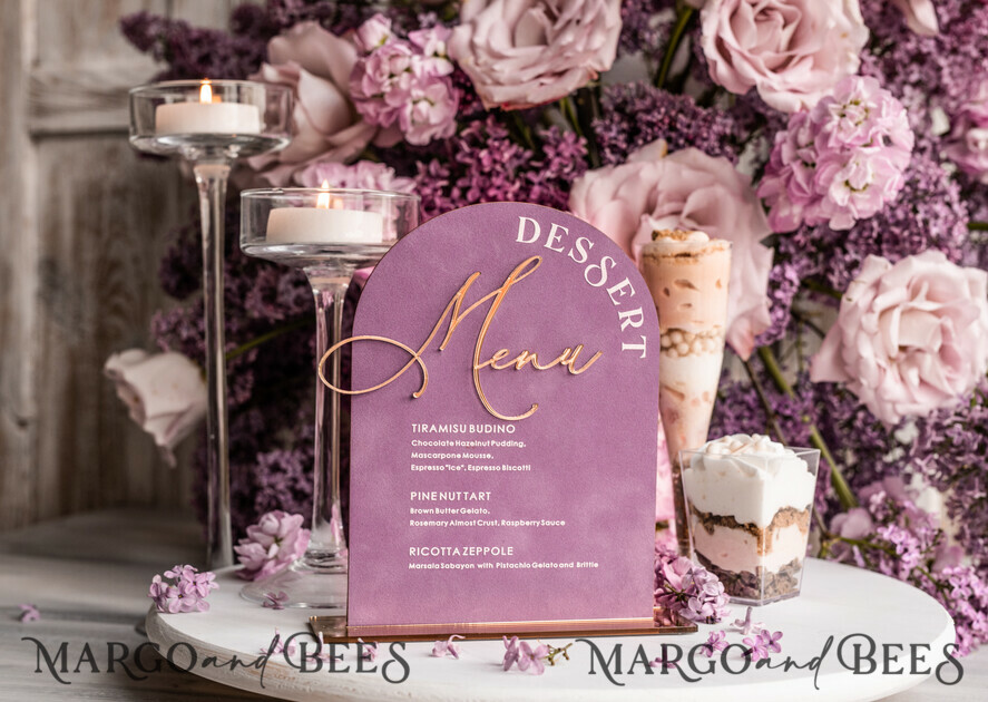 TABLE DECOR SIGNS Velvet table Numbers and Decor Mauve Velvet Arch dessert menu, Dusty Rose Candy Sign, Gold Plexi Table Arch wedding dessert menu, Luxury Wedding Table Decor, MvS