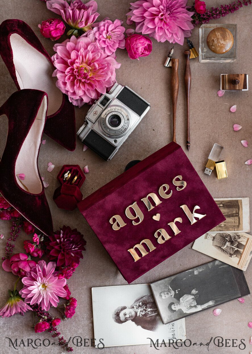 FOTOALBUM/ FOTOBOX Velvet Foto Box Fotografen Box Burgunder Samt Fotokiste, Kastanienbraune Fotografenbox, Marsala Gold Hochzeitsgedächtniskiste, Gold Spiegel maßgeschneiderte Andenkenschachtel, Fotografengeschenke für Kunden, Hochzeitsbilderverpackung, maßgeschneiderte Fotografie Kupferbox.