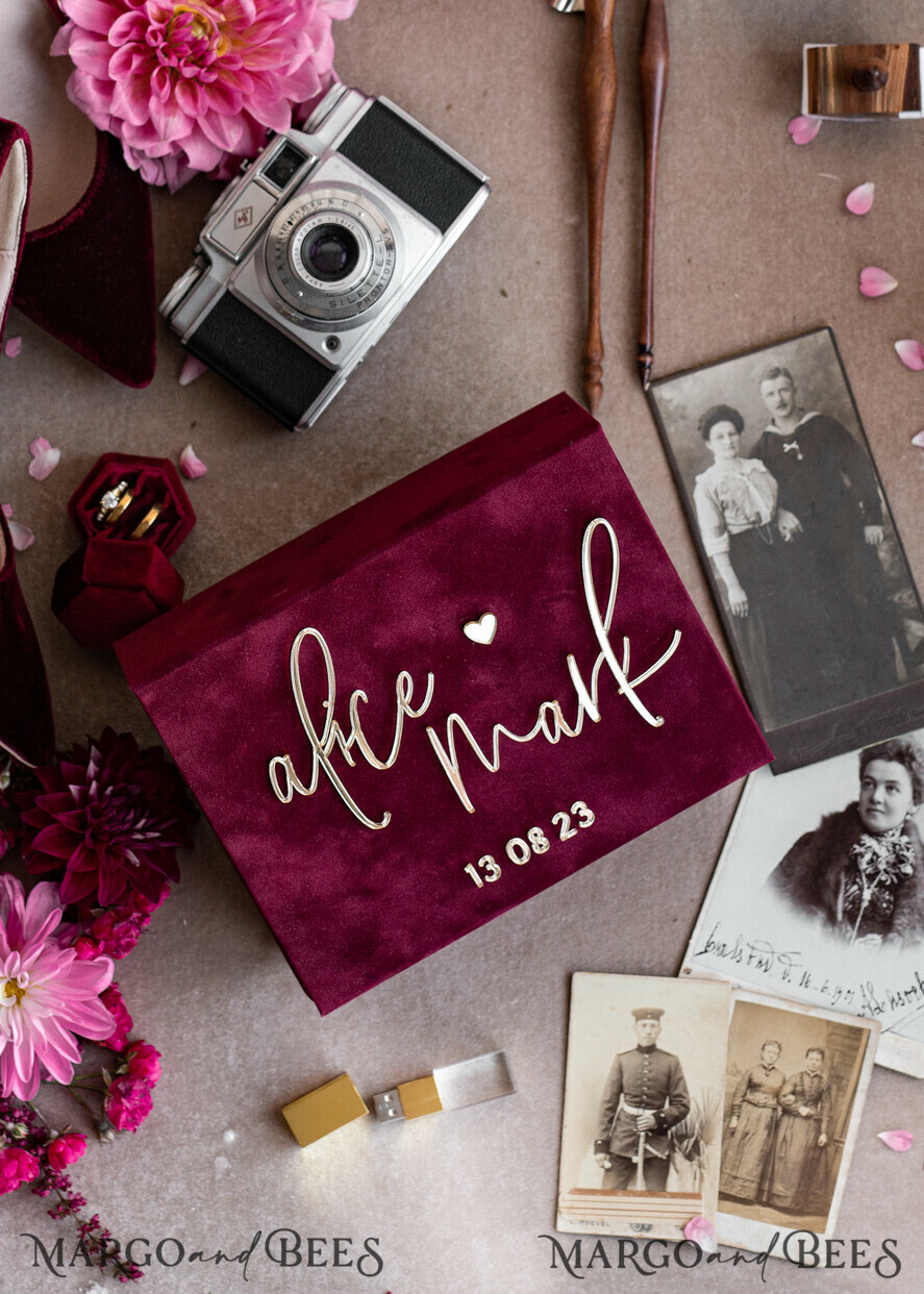 FOTOALBUM/ FOTOBOX Velvet Foto Box Fotografen Box Burgunder Samt Fotokiste, Kastanienbraune Fotografenbox, Marsala Gold Hochzeitsgedächtniskiste, Gold Spiegel maßgeschneiderte Andenkenschachtel, Fotografengeschenke für Kunden, Hochzeitsbilderverpackung, maßgeschneiderte Fotografie Kupferbox.