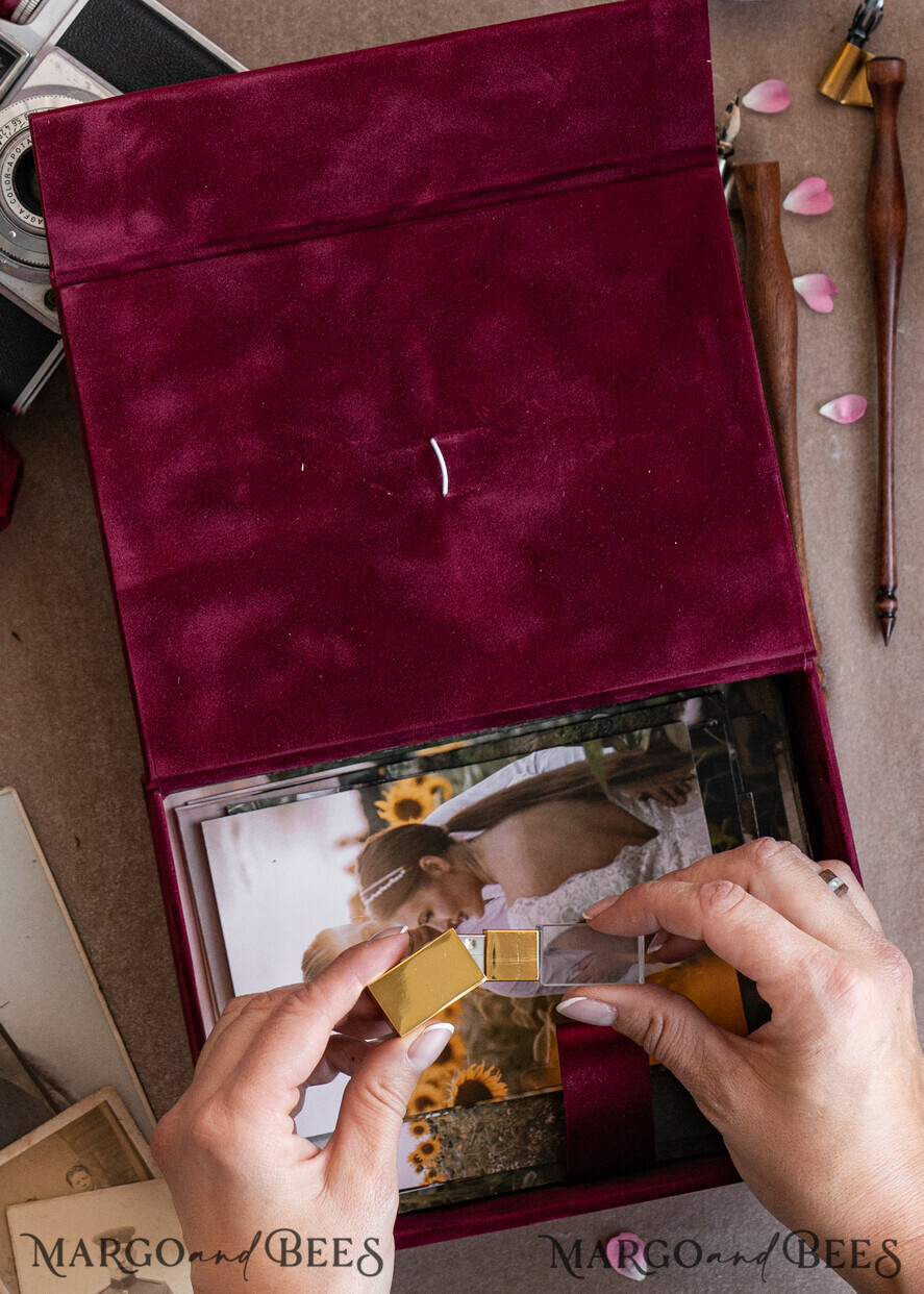 FOTOALBUM/ FOTOBOX Velvet Foto Box Fotografen Box Burgunder Samt Fotokiste, Kastanienbraune Fotografenbox, Marsala Gold Hochzeitsgedächtniskiste, Gold Spiegel maßgeschneiderte Andenkenschachtel, Fotografengeschenke für Kunden, Hochzeitsbilderverpackung, maßgeschneiderte Fotografie Kupferbox.