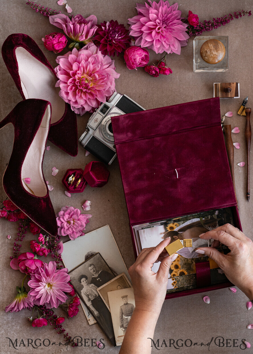 FOTOALBUM/ FOTOBOX Velvet Foto Box Fotografen Box Burgunder Samt Fotokiste, Kastanienbraune Fotografenbox, Marsala Gold Hochzeitsgedächtniskiste, Gold Spiegel maßgeschneiderte Andenkenschachtel, Fotografengeschenke für Kunden, Hochzeitsbilderverpackung, maßgeschneiderte Fotografie Kupferbox.