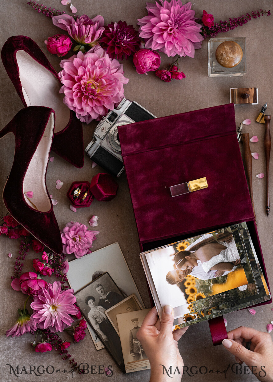 FOTOALBUM/ FOTOBOX Velvet Foto Box Fotografen Box Burgunder Samt Fotokiste, Kastanienbraune Fotografenbox, Marsala Gold Hochzeitsgedächtniskiste, Gold Spiegel maßgeschneiderte Andenkenschachtel, Fotografengeschenke für Kunden, Hochzeitsbilderverpackung, maßgeschneiderte Fotografie Kupferbox.