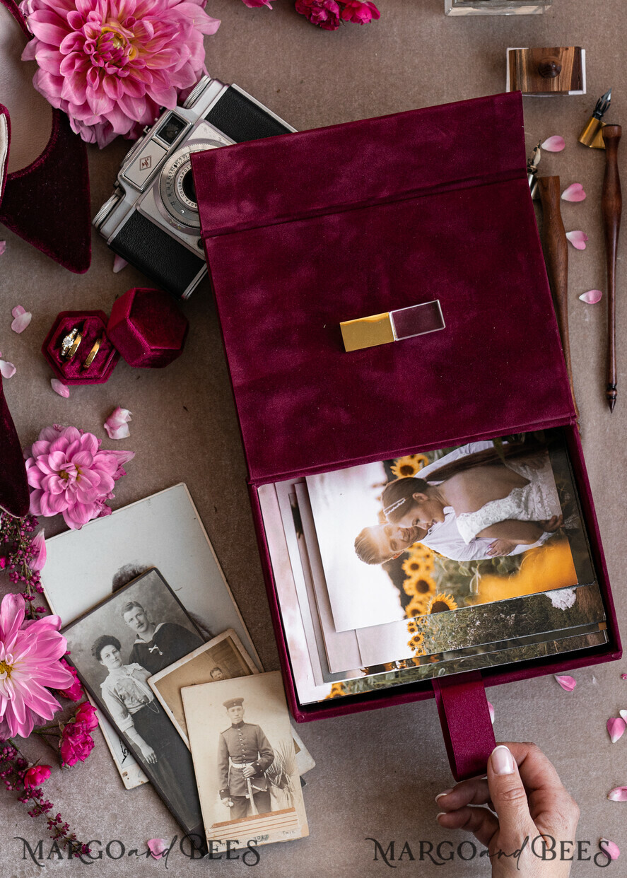FOTOALBUM/ FOTOBOX Velvet Foto Box Fotografen Box Burgunder Samt Fotokiste, Kastanienbraune Fotografenbox, Marsala Gold Hochzeitsgedächtniskiste, Gold Spiegel maßgeschneiderte Andenkenschachtel, Fotografengeschenke für Kunden, Hochzeitsbilderverpackung, maßgeschneiderte Fotografie Kupferbox.
