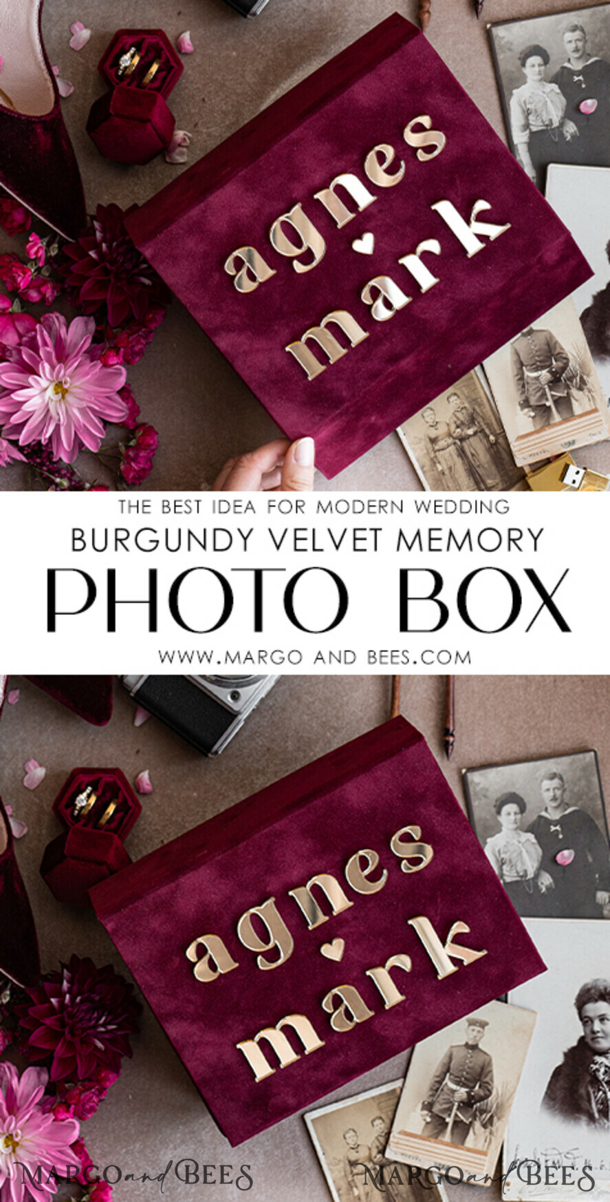FOTOALBUM/ FOTOBOX Velvet Foto Box Fotografen Box Burgunder Samt Fotokiste, Kastanienbraune Fotografenbox, Marsala Gold Hochzeitsgedächtniskiste, Gold Spiegel maßgeschneiderte Andenkenschachtel, Fotografengeschenke für Kunden, Hochzeitsbilderverpackung, maßgeschneiderte Fotografie Kupferbox.