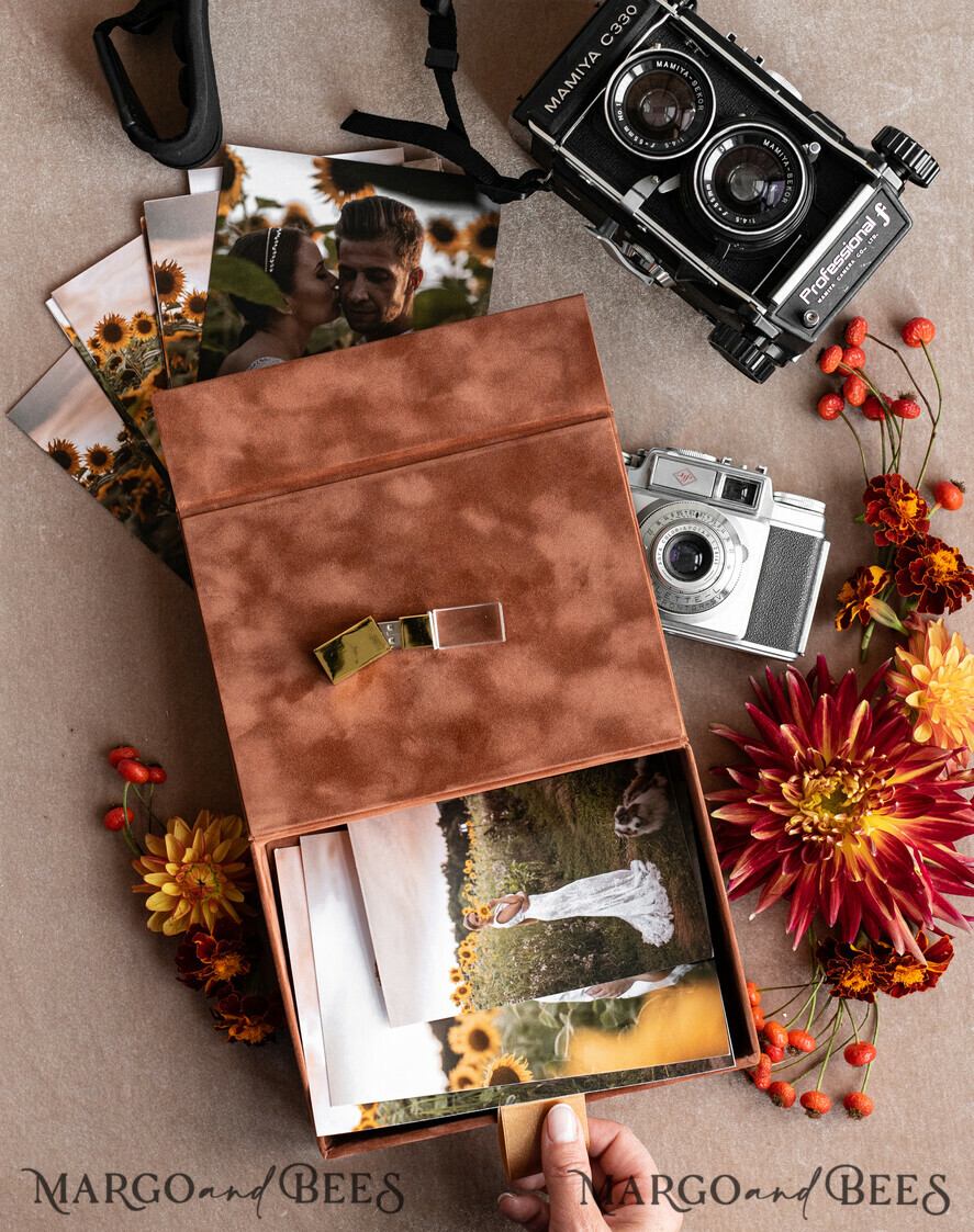 FOTOALBUM/ FOTOBOX Velvet Foto Box Fotografen Box Terrakotta Samt Foto Box Fotografen Box Hochzeitsgedächtnis Box, verbranntes Orange benutzerdefinierte Andenken Box, Rost Fotograf Geschenke für Kunden, Hochzeitsbilder Verpackung, benutzerdefinierte Fotografie Kupfer Box