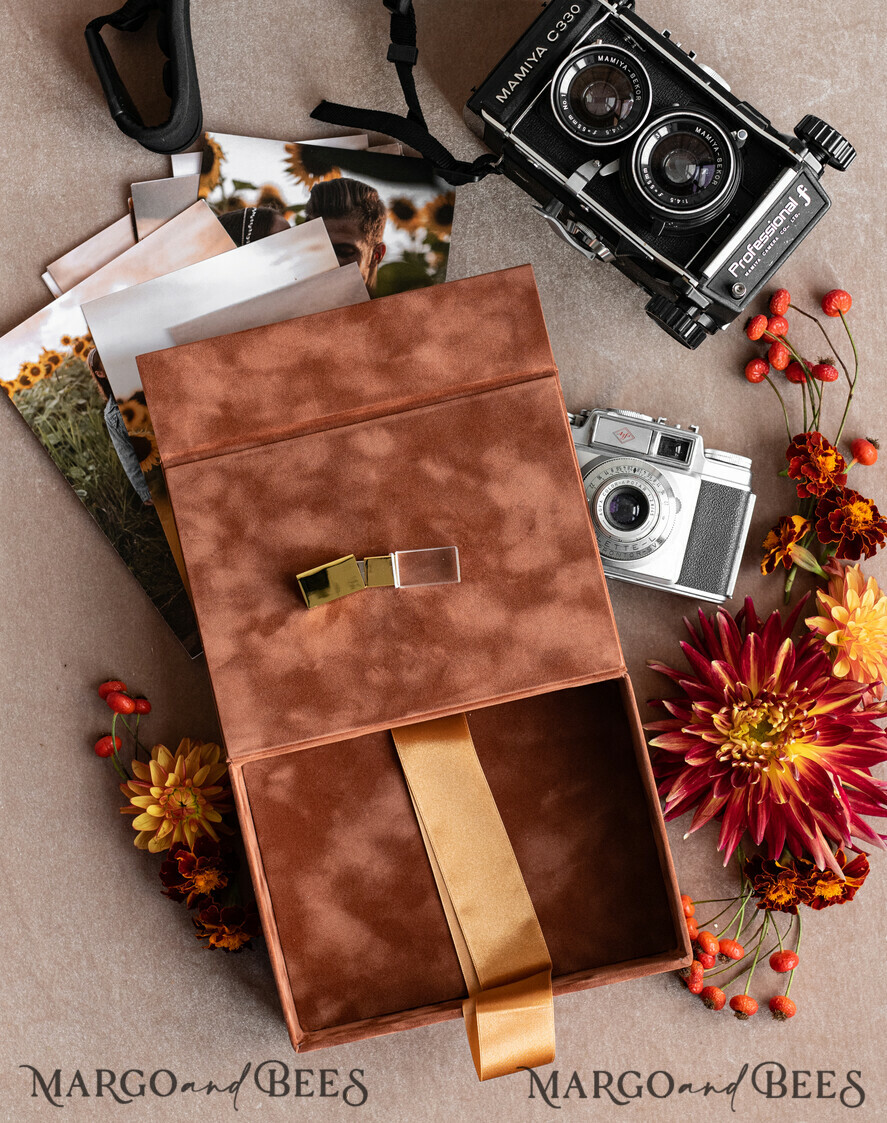FOTOALBUM/ FOTOBOX Velvet Foto Box Fotografen Box Terrakotta Samt Foto Box Fotografen Box Hochzeitsgedächtnis Box, verbranntes Orange benutzerdefinierte Andenken Box, Rost Fotograf Geschenke für Kunden, Hochzeitsbilder Verpackung, benutzerdefinierte Fotografie Kupfer Box