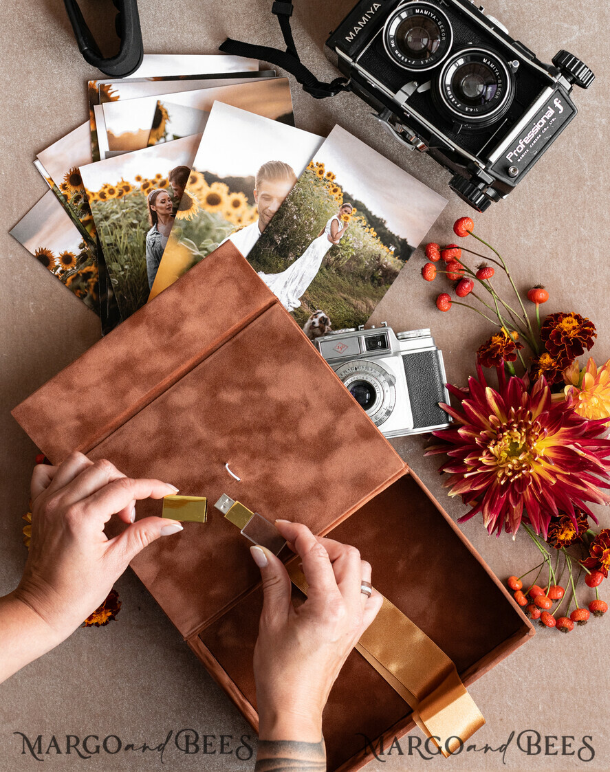 FOTOALBUM/ FOTOBOX Velvet Foto Box Fotografen Box Terrakotta Samt Foto Box Fotografen Box Hochzeitsgedächtnis Box, verbranntes Orange benutzerdefinierte Andenken Box, Rost Fotograf Geschenke für Kunden, Hochzeitsbilder Verpackung, benutzerdefinierte Fotografie Kupfer Box