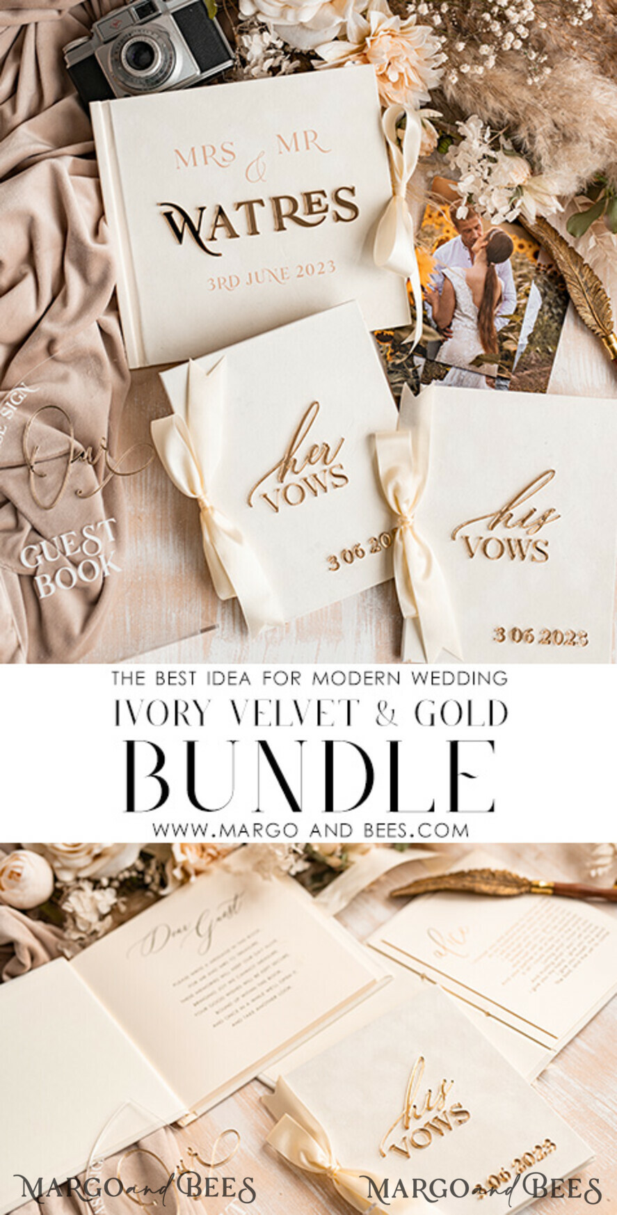 WEDDING GUEST BOOKS Bundle Gustbooks & Vows set Ivory Golden Bundle Personalised Wedding Guest Book & Custom Made Wedding Vows set of two - Bundle guestbook and vows books