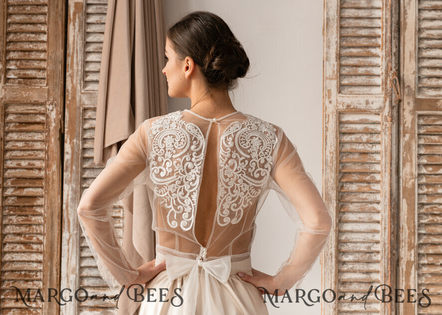 BRAUT Bolero, Kleider, Strumpfband SPITZEN HOCHZEITSBOLERO Elfenbein Spitze Hochzeitsbolero mit langen Ärmeln, Shrug für Frauen Hochzeitskleid, Braut Rückenausschnitt Coverup, Nude Bluse für die Braut, Hochzeitskleid Topper.