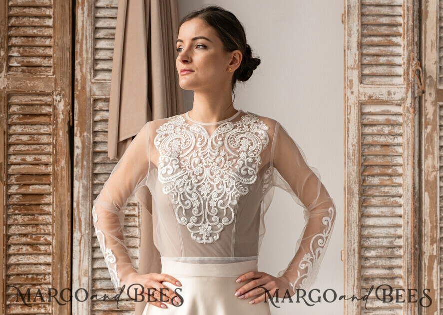 BRAUT Bolero, Kleider, Strumpfband SPITZEN HOCHZEITSBOLERO Elfenbein Spitze Hochzeitsbolero mit langen Ärmeln, Shrug für Frauen Hochzeitskleid, Braut Rückenausschnitt Coverup, Nude Bluse für die Braut, Hochzeitskleid Topper.