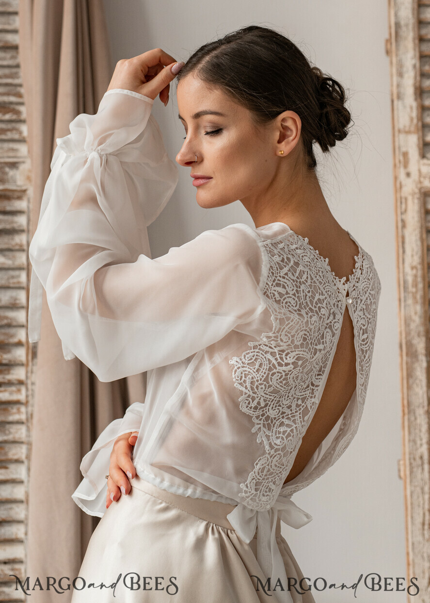 BRAUT Bolero, Kleider, Strumpfband SPITZEN HOCHZEITSBOLERO Elfenbein Seide und Spitze Hochzeitsbolero mit langen Ärmeln, Shrug Damen Hochzeitsjacke, Braut Rückenfreies Cover-up, Elfenbein Bluse für die Braut, Braut Spitze Bluse, Kleid Capelet