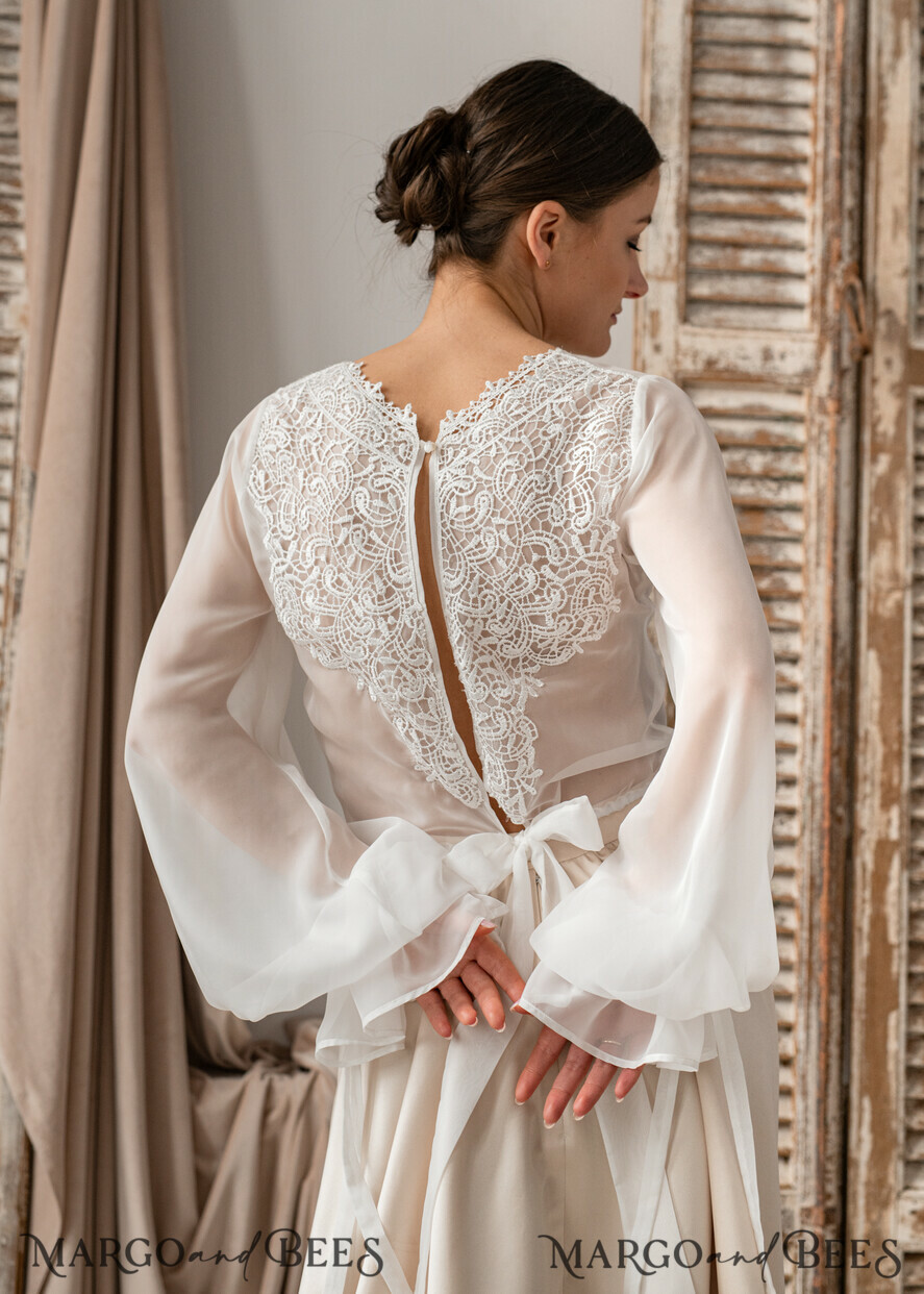 BRAUT Bolero, Kleider, Strumpfband SPITZEN HOCHZEITSBOLERO Elfenbein Seide und Spitze Hochzeitsbolero mit langen Ärmeln, Shrug Damen Hochzeitsjacke, Braut Rückenfreies Cover-up, Elfenbein Bluse für die Braut, Braut Spitze Bluse, Kleid Capelet