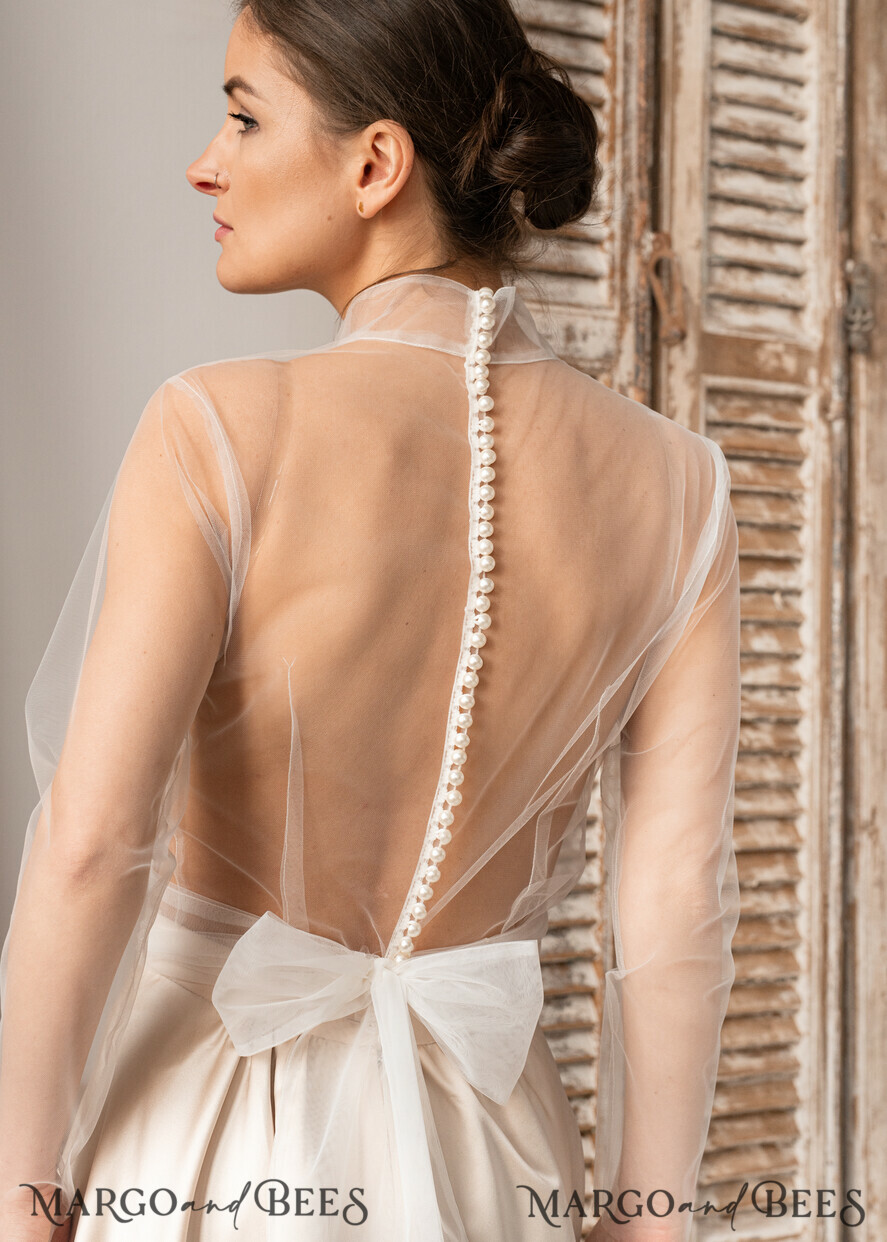 BRAUT Bolero, Kleider, Strumpfband SPITZEN HOCHZEITSBOLERO Elfenbein Tüll Hochzeitsbolero mit langen Ärmeln und Schleifen-Schal, Hochzeitskleid Topper, Braut-Überwurf, Netz-Bluse für die Braut, Braut-Tüll-Bluse, Kleid-Capellet.